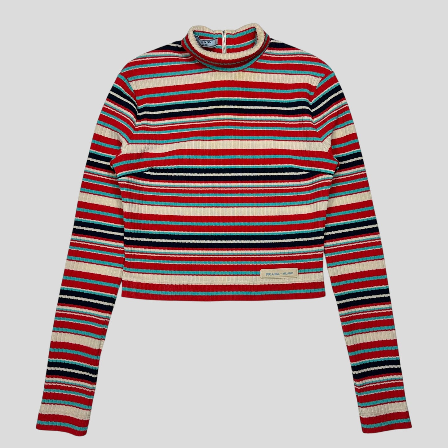 Prada Milano 2018 Candy Striped Textured Cropped Logo Knit - S | Default Title, Cream