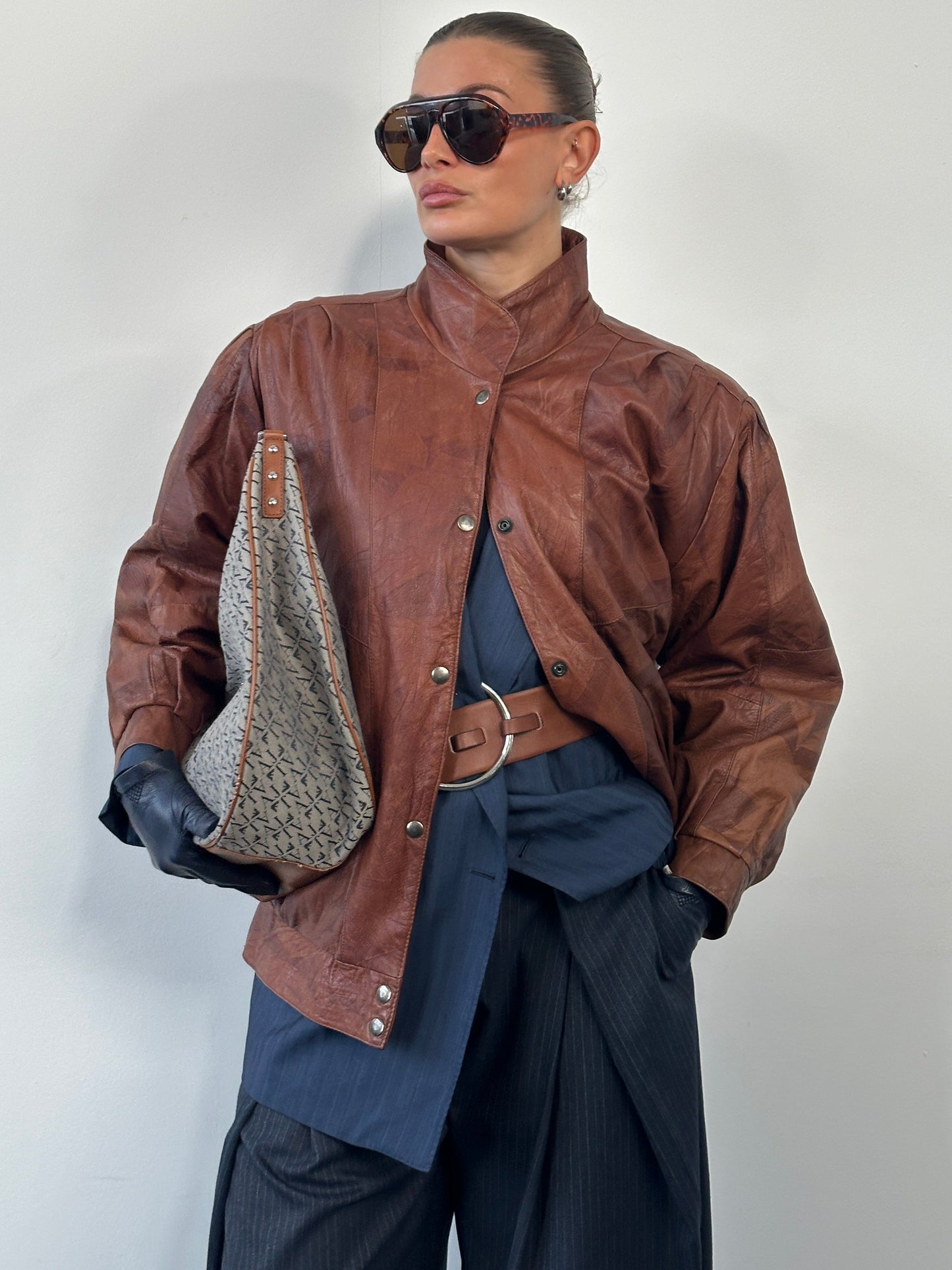 Vintage 1980s High Neck Leather Bomber Jacket - L