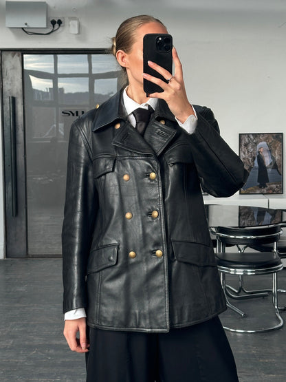 Vintage 1980s Double Breasted Military Leather Jacket - M/L