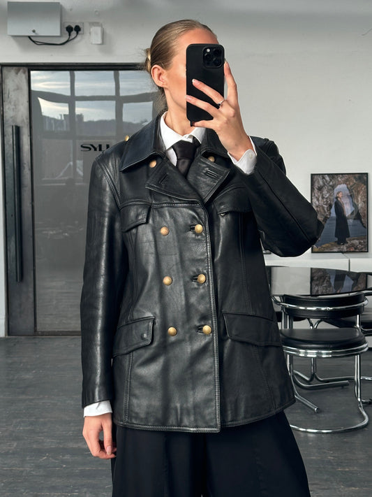 Vintage 1980s Double Breasted Military Leather Jacket - M/L