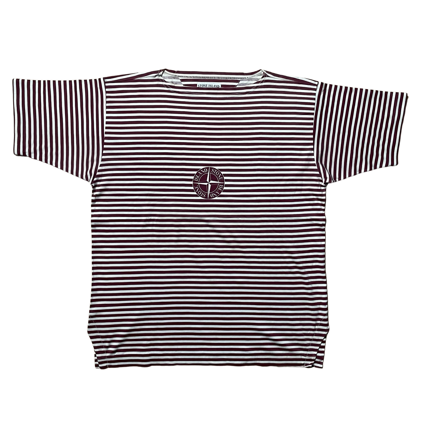 S/S 1987 Wine Red & White Stripe Centre Compass Breton T-shirt
