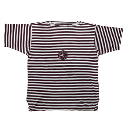 S/S 1987 Wine Red & White Stripe Centre Compass Breton T-shirt
