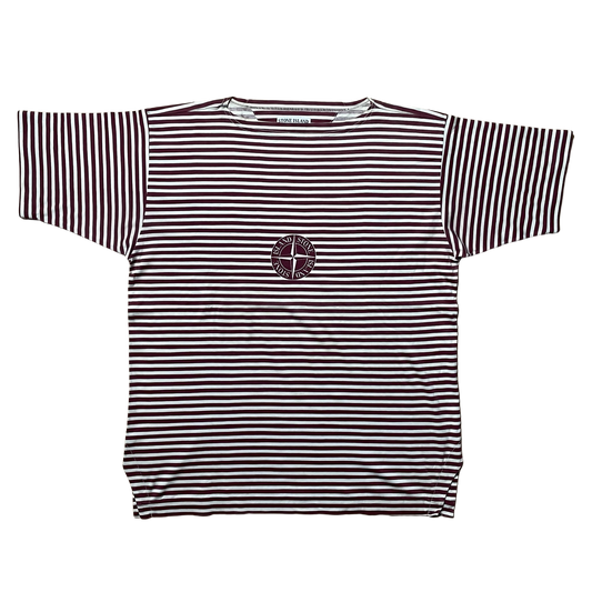 S/S 1987 Wine Red & White Stripe Centre Compass Breton T-shirt