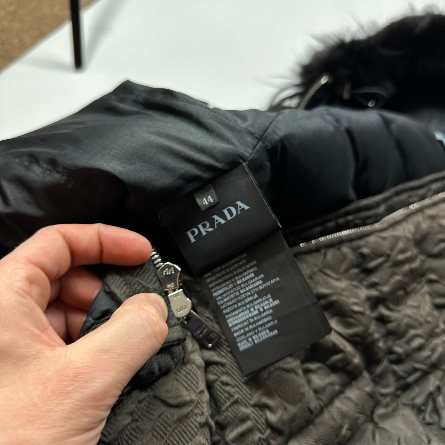 Prada 2014 Extreme Fur Hooded Silk & Wool Textured Puffer Jacket - IT44 (S) | Default Title, Blue