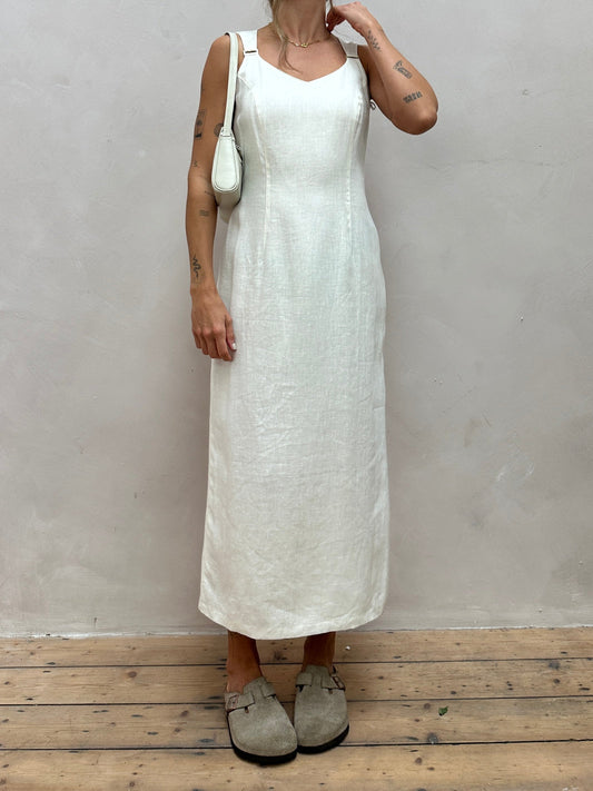 Vintage Pure Linen Fitted Floor Length Maxi Dress - M