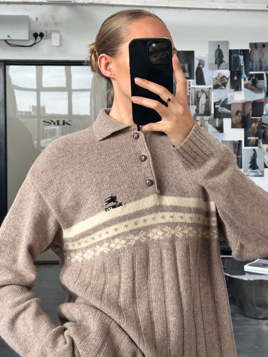 Burberry 1990s Wool Fair Isle Logo Polo Jumper - XL