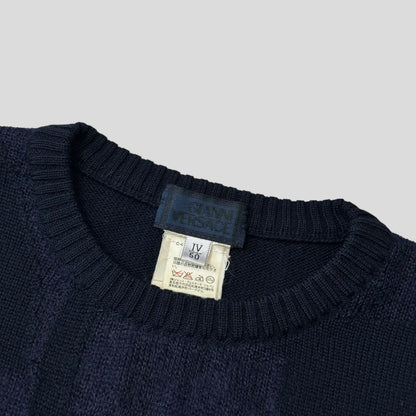 Gianni Versace 90’s Mohair & Wool Abstract Panelled Knit Jumper - IT50 | Large, Navy