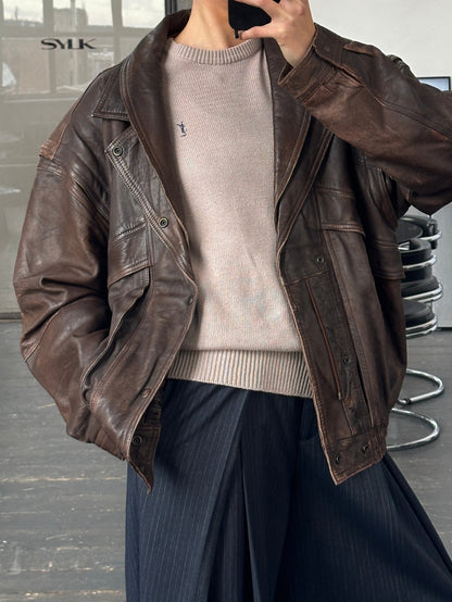 Vintage 1990s Aged Double Collar Leather Bomber Jacket - XL