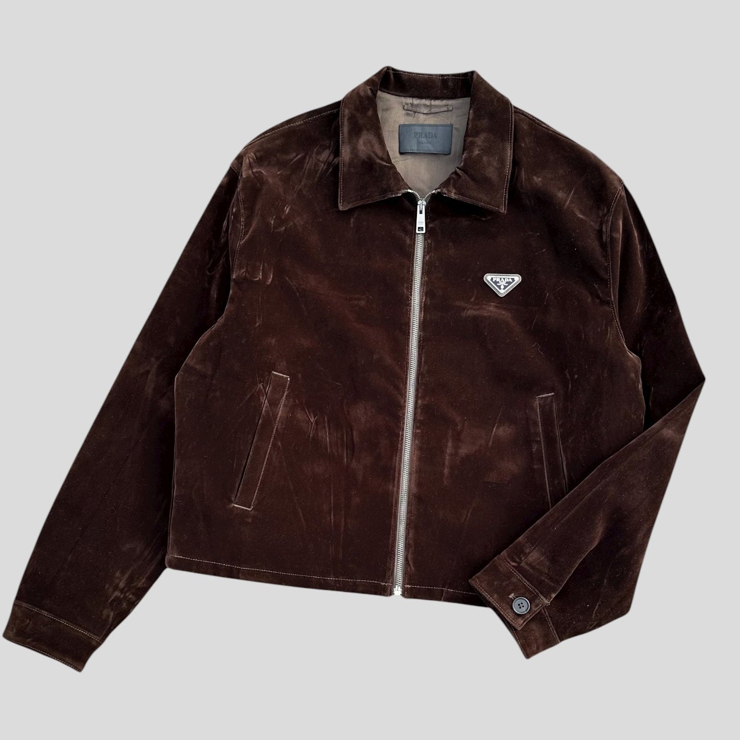 Prada 2024 Brown Velvet Velour Plaque Logo Boxy Jacket - M/L