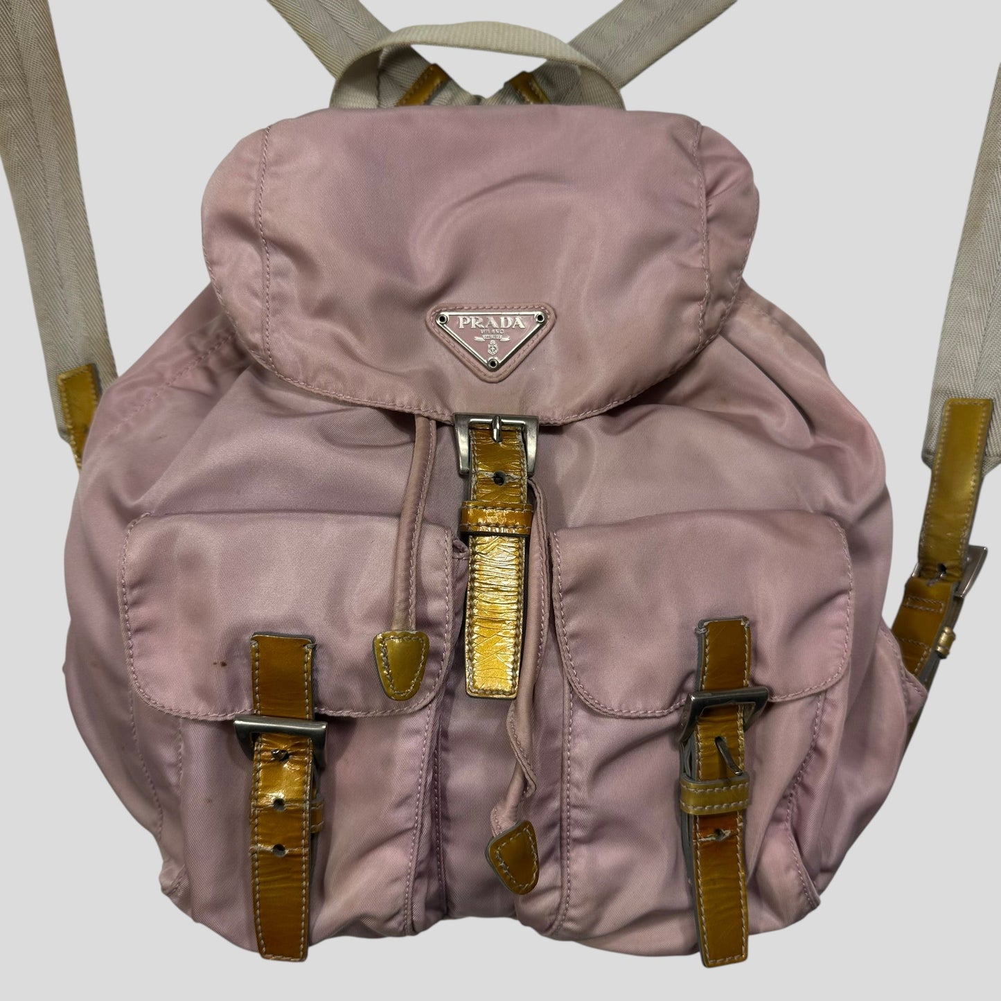 Prada Milano 00’s Triangle Plaque Logo Nylon Pink Backpack | O/S, Gold