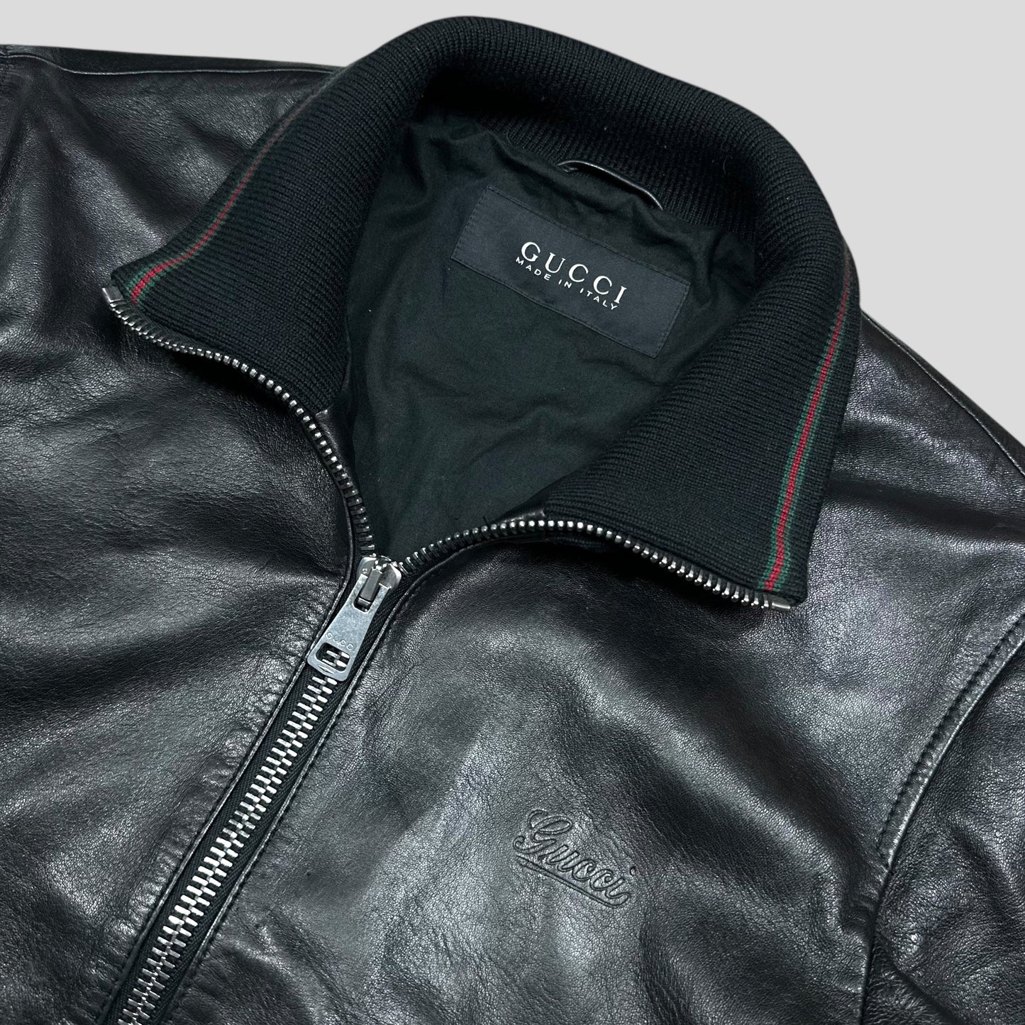 Gucci Nappa Leather Logo Web Bomber Jacket - IT46 (S)