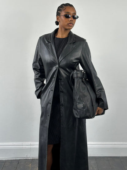 Vintage 1990s Floor Length Leather Trench Coat - S/M