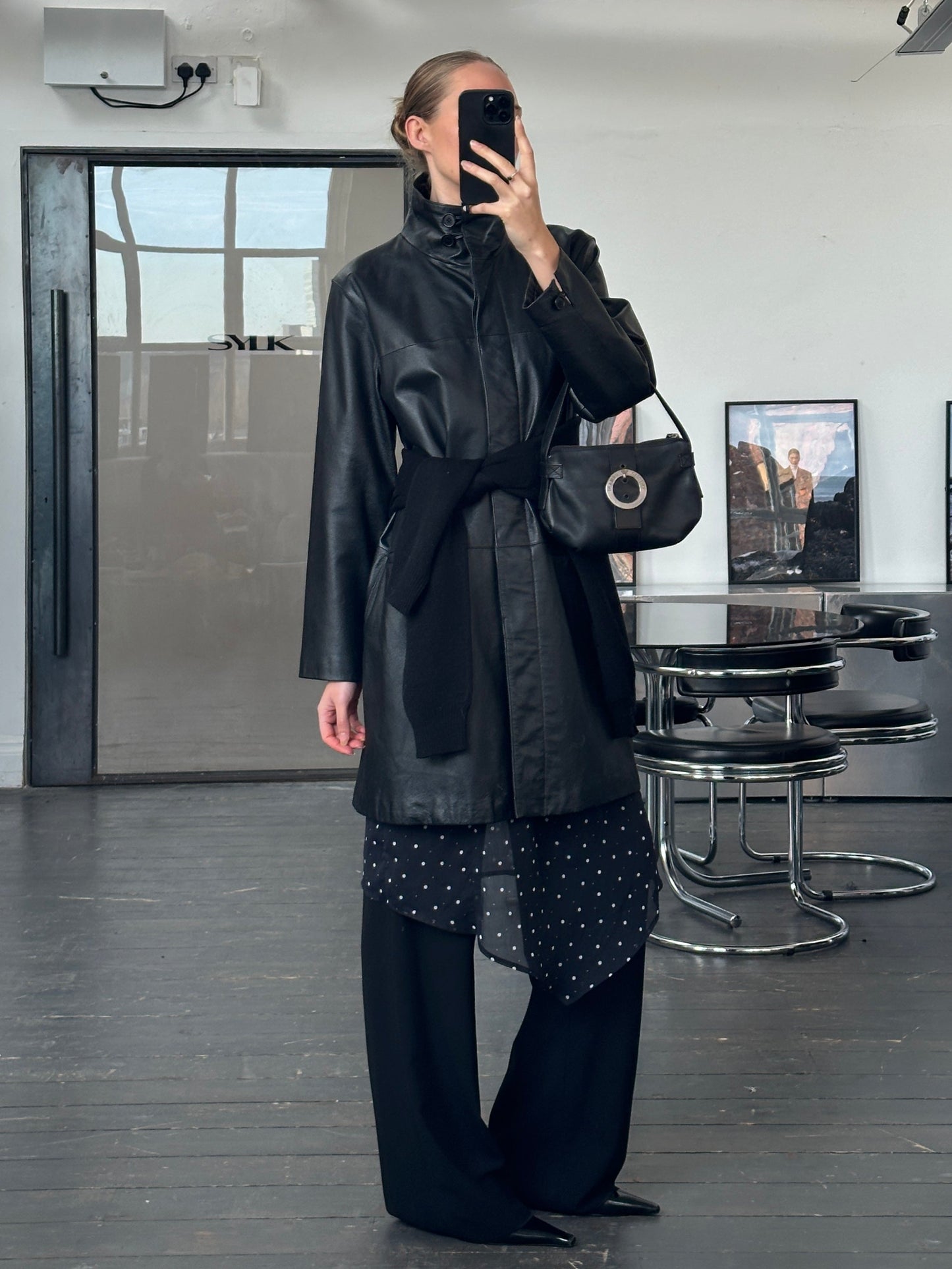 Vintage 2000s High Neck Leather Trench Coat - M