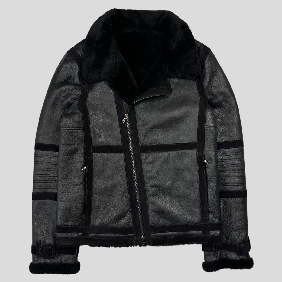 Neil Barrett Leather Lambskin Shearling Asymetrical Biker Jacket - S | Black