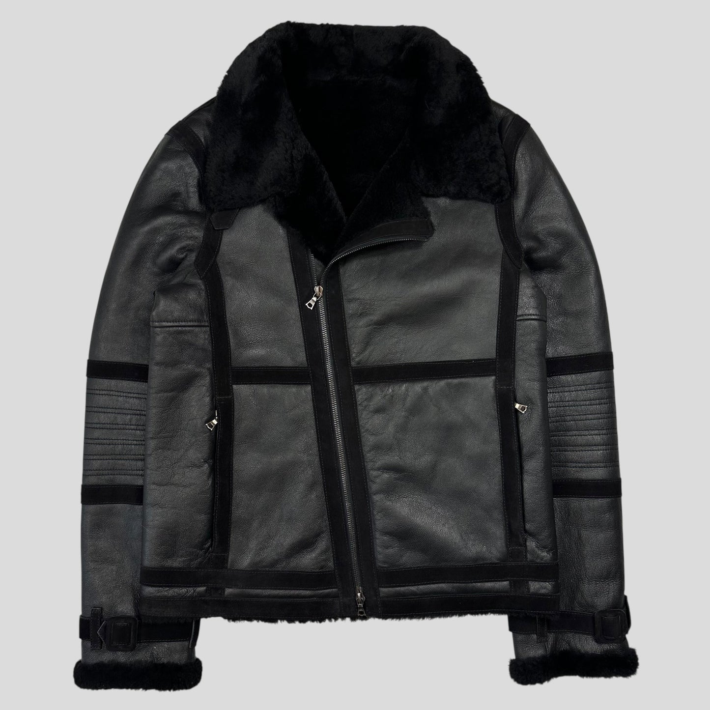 Neil Barrett Leather Lambskin Shearling Asymetrical Biker Jacket - S | Default Title, Black