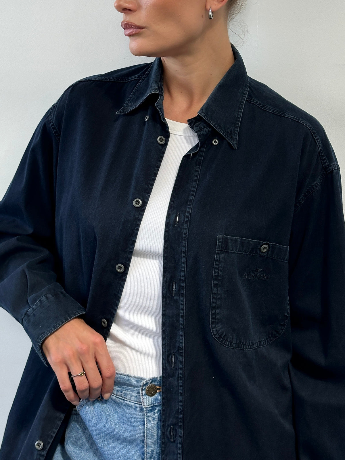 Armani Jeans 1990s pure cotton denim logo shirt in XL, featuring classic denim fabric and embroidered brand logo on the chest.