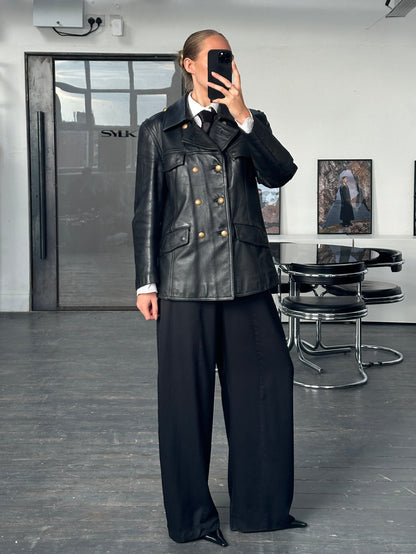 Vintage 1980s Double Breasted Military Leather Jacket - M/L