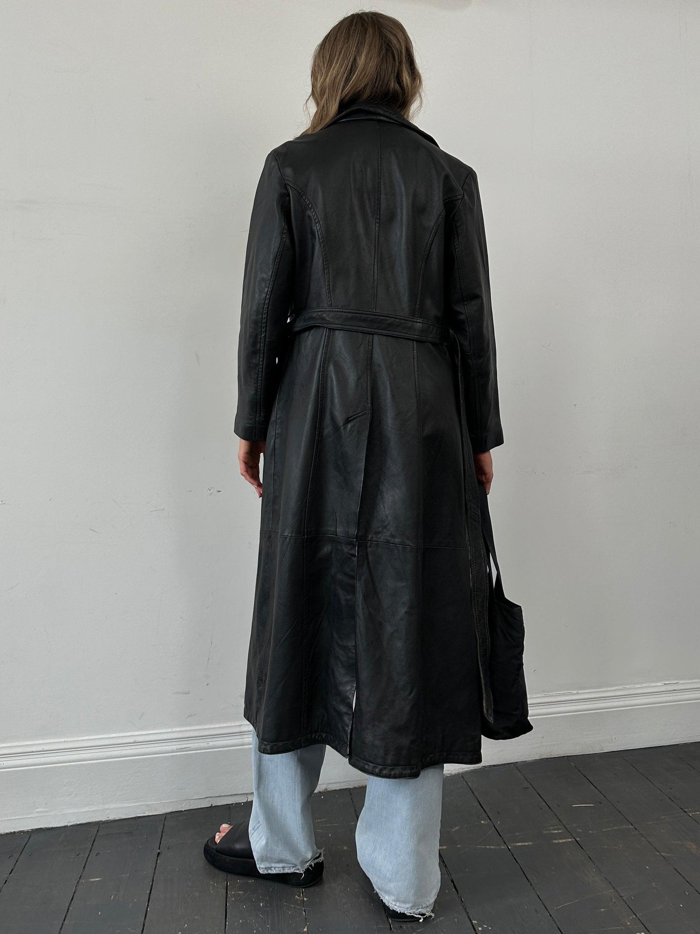 Vintage Floor Length Leather Belted Trench Coat - S - Known Source