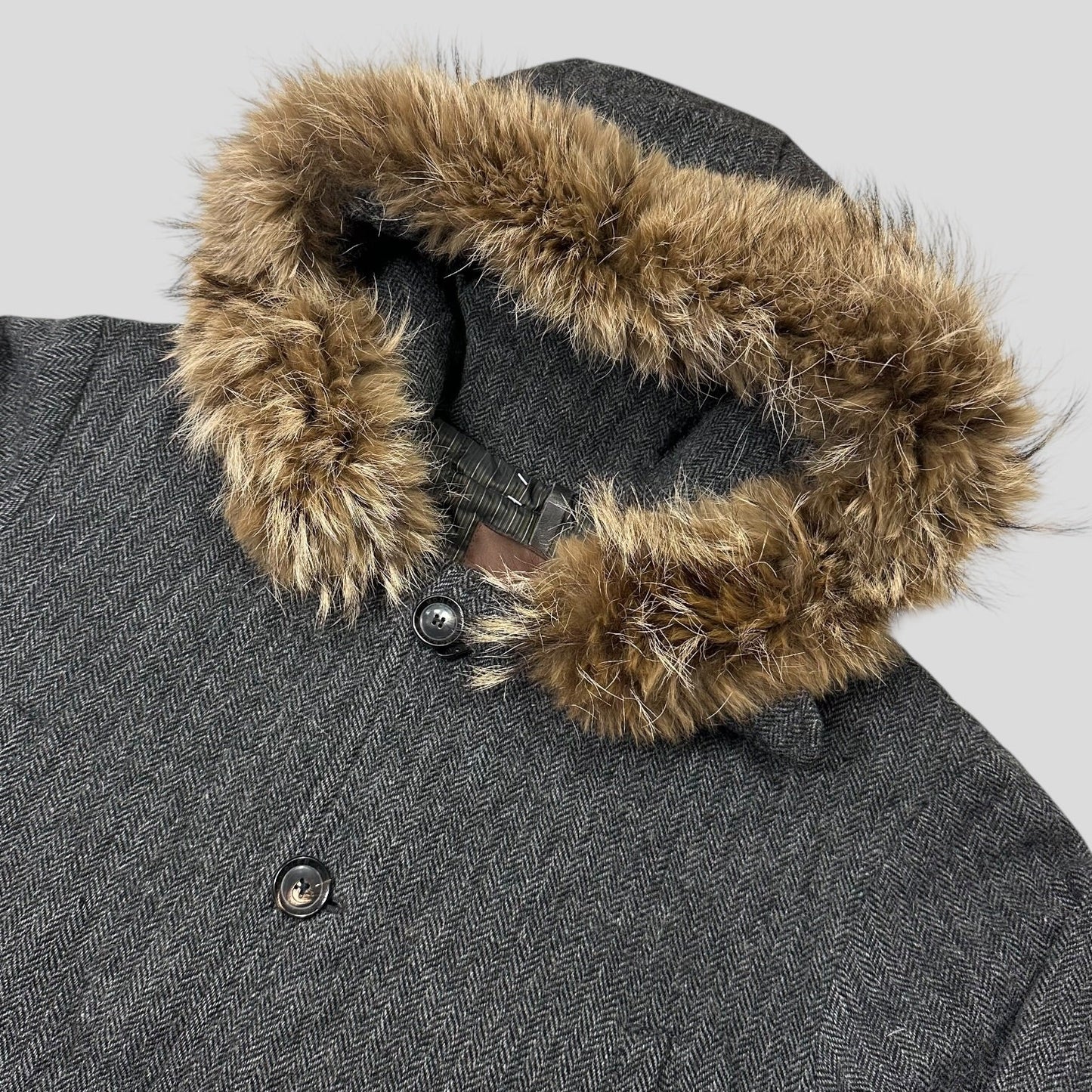 Moncler 00’s Herringbone Wool Down Detachable Fur Jacket - 3 (L) | Default Title, Brown