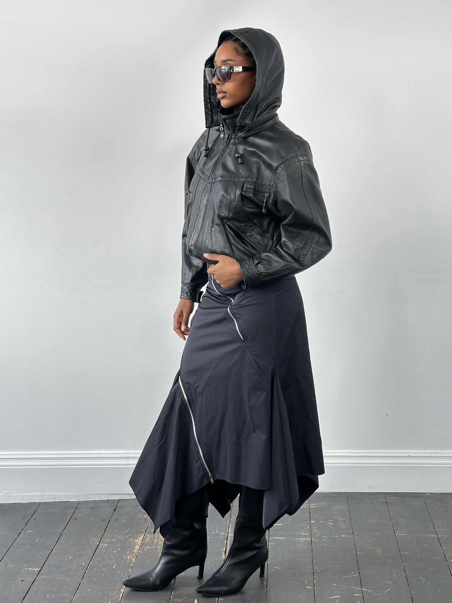 Vintage 1990s Leather Funnel Neck Hooded Bomber Jacket – S