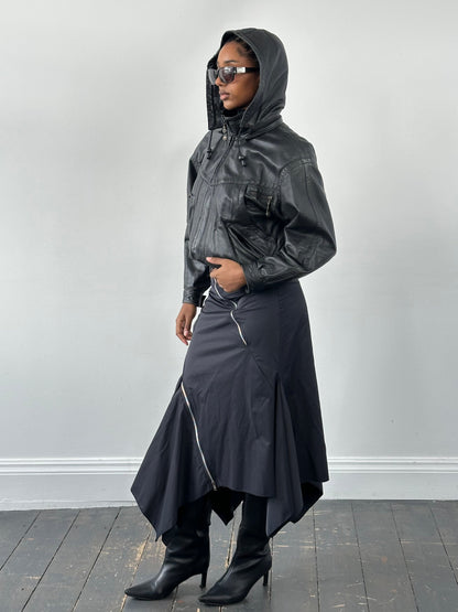 Vintage 1990s Leather Funnel Neck Hooded Bomber Jacket – S