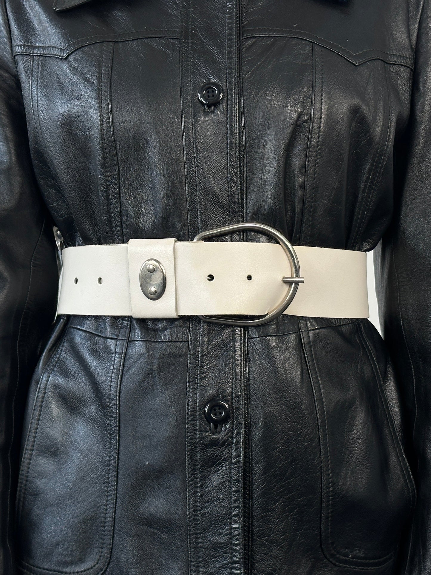 Vintage 1990s Chrome Chunky Leather Belt - W27-34