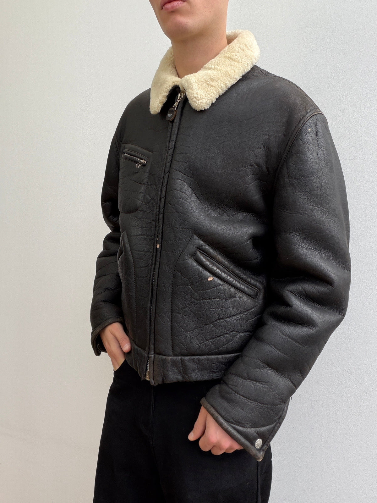 Armani Jeans 90s Sheepskin Leather Jacket | O/S, Black