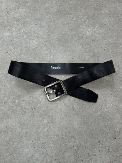 Vintage 1990s Chrome Rectangle Buckle Leather Belt - W35-39