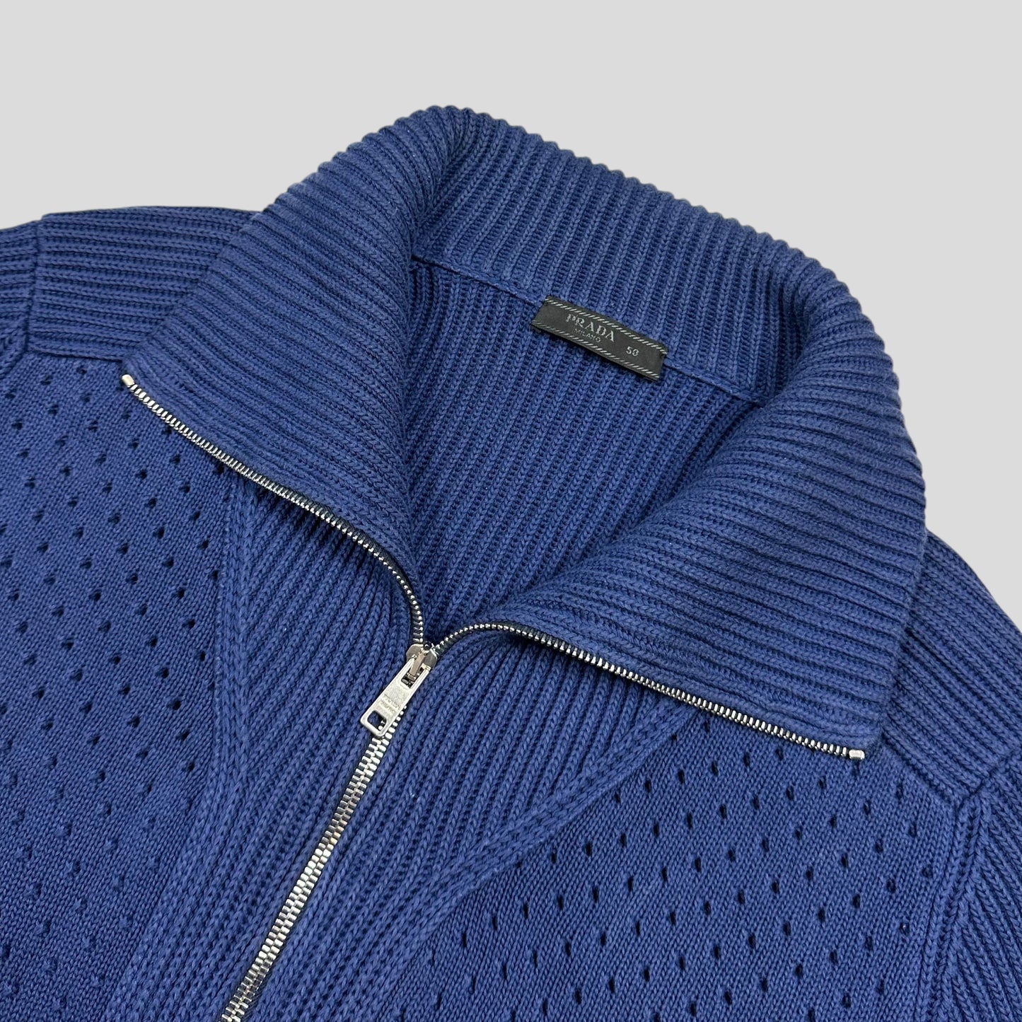 Prada Milano 2018 Perforated Heavy Cable Knit Cardigan Jacket - M | Default Title, Blue