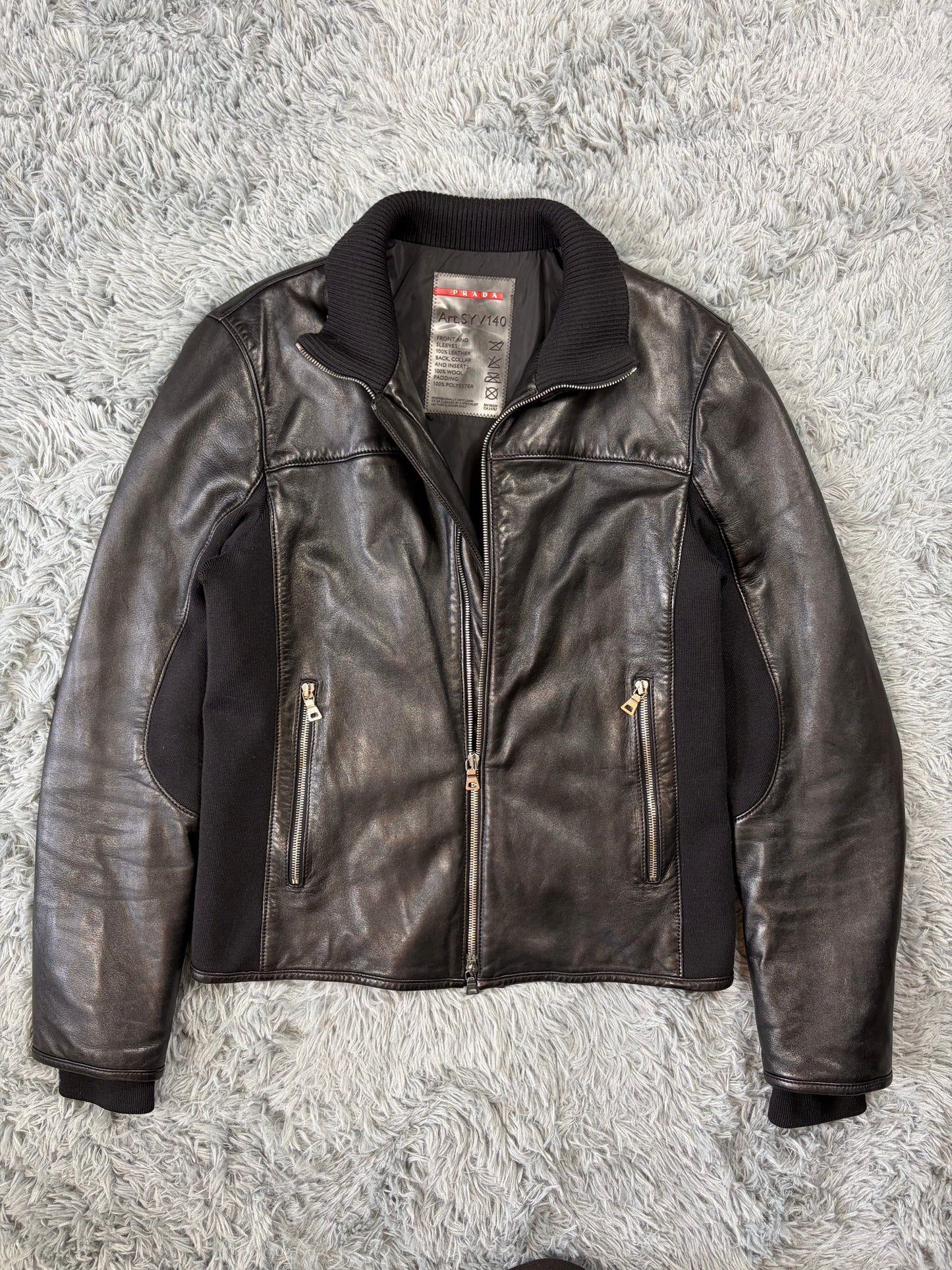 Prada Sport 00’s Leather & Wool Padded Hybrid Biker Jacket - IT50 | O/S, Black