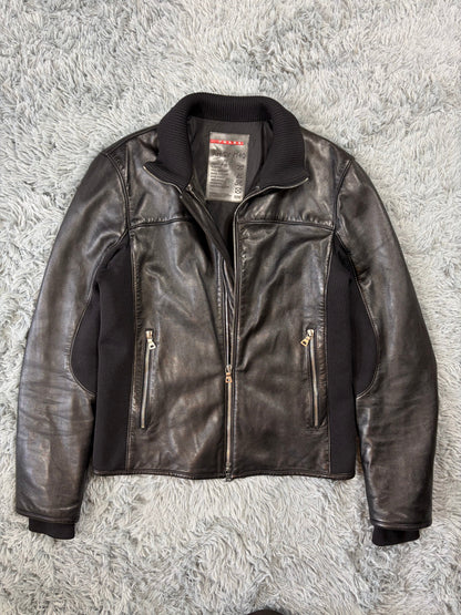 Prada Sport 00’s Leather & Wool Padded Hybrid Biker Jacket - IT50 | O/S, Black