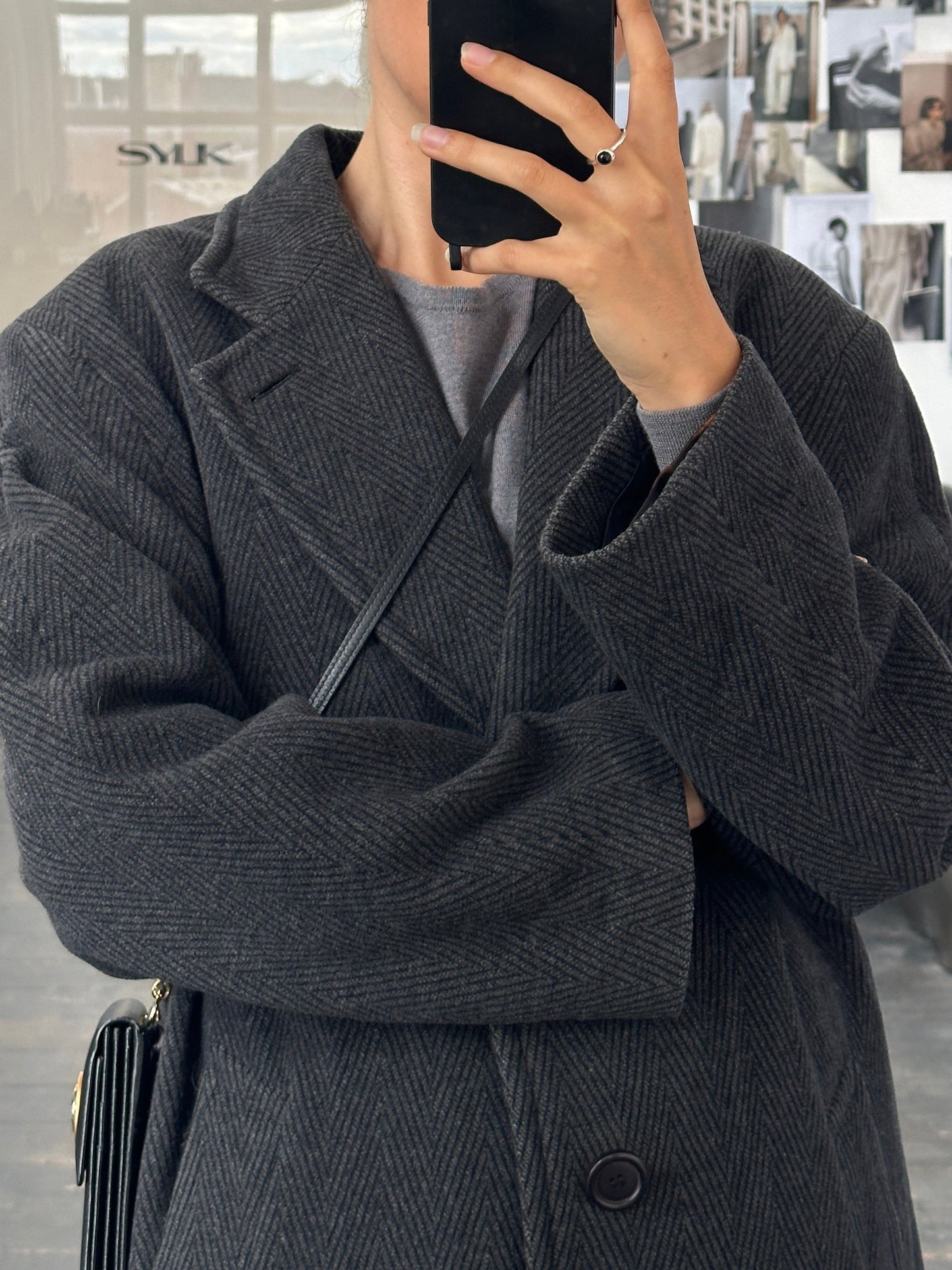 Italian Vintage 1980s Wool Cashmere Herringbone Coat - XL