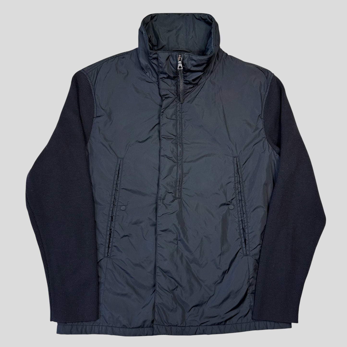 Prada Milano 2001 Asymetric Hybrid Wool and Nylon Jacket - L/XL | Default Title, Navy