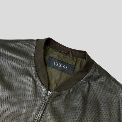 Gucci by Tom Ford 00’s Perforated Nappa Leather Green Bomber Jacket - IT52 | Default Title, Green