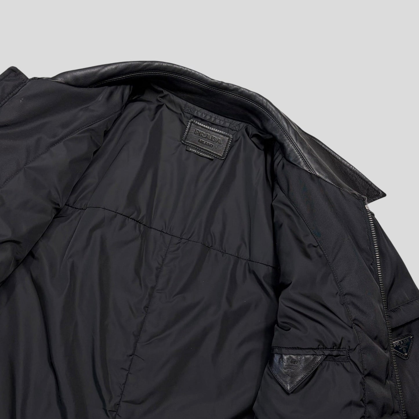Prada 2013 Triangle Logo Gabardine Nylon & Leather Blouson Jacket - L/XL | O/S, Black