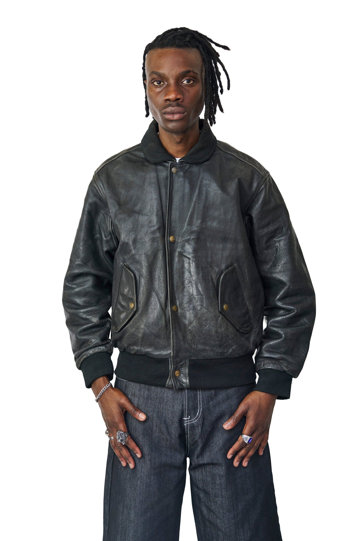 Chevignon Washed Black Classic Leather Bomber Jacket
