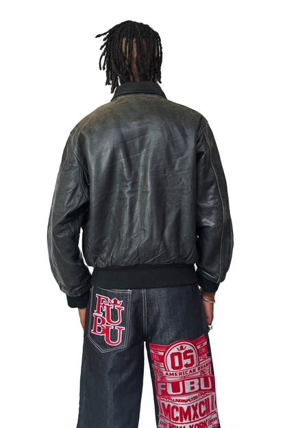 Chevignon Washed Black Classic Leather Bomber Jacket