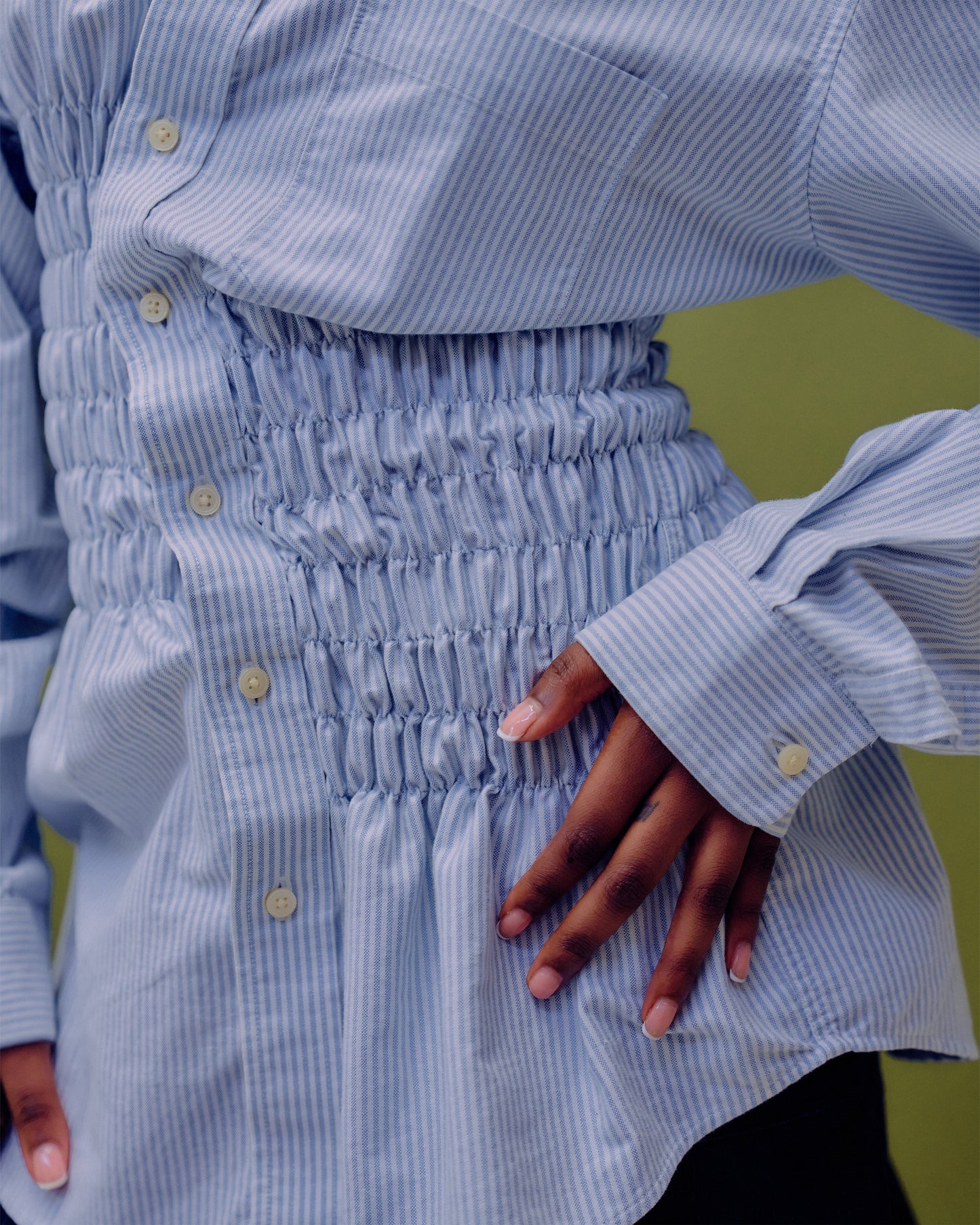 VT Rework : Pin Stripe Shirred Button Down