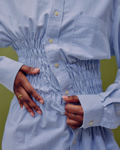 VT Rework : Pin Stripe Shirred Button Down