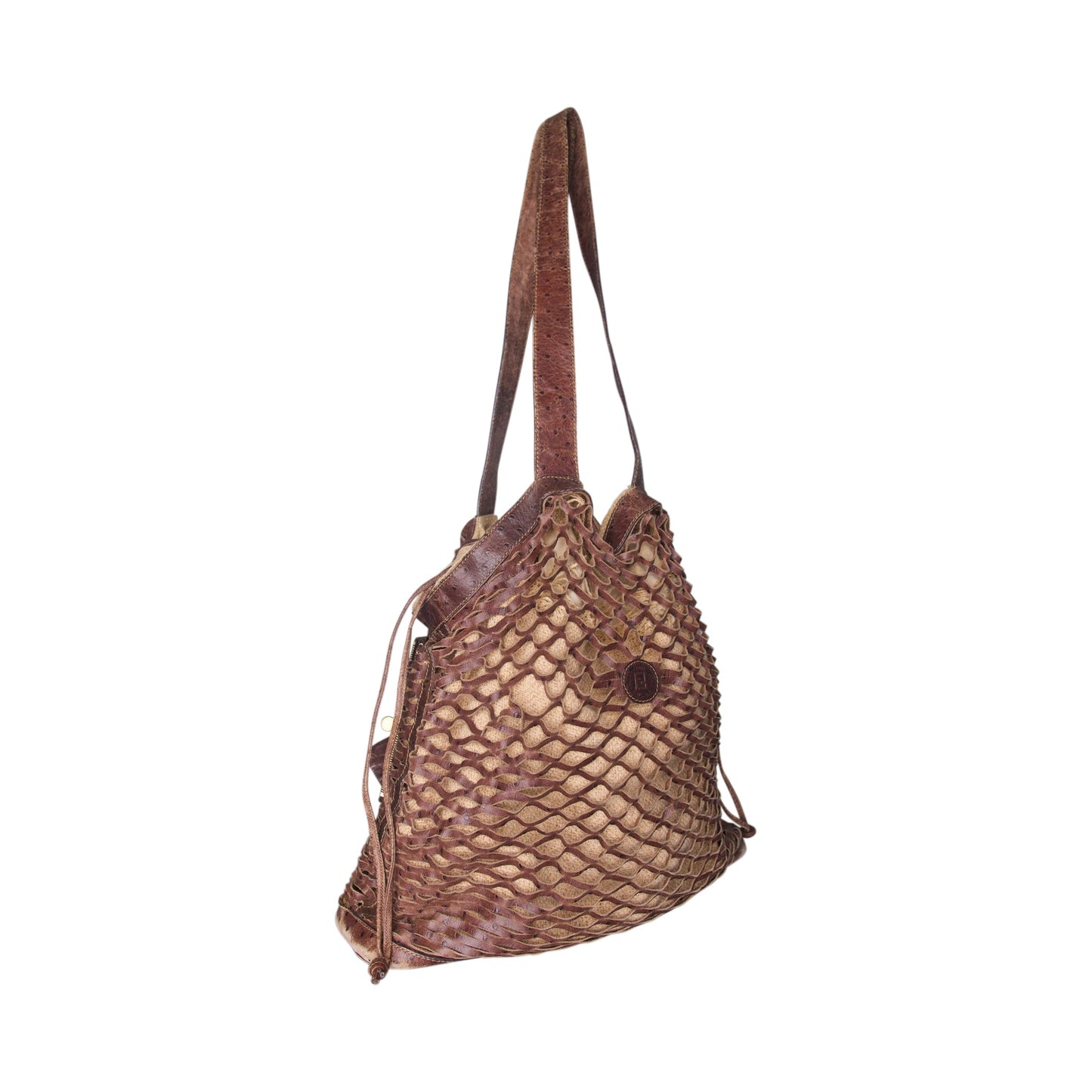 1990's Fendi Leather Fishnet Woven Flax Beach Bag | O/S, Brown