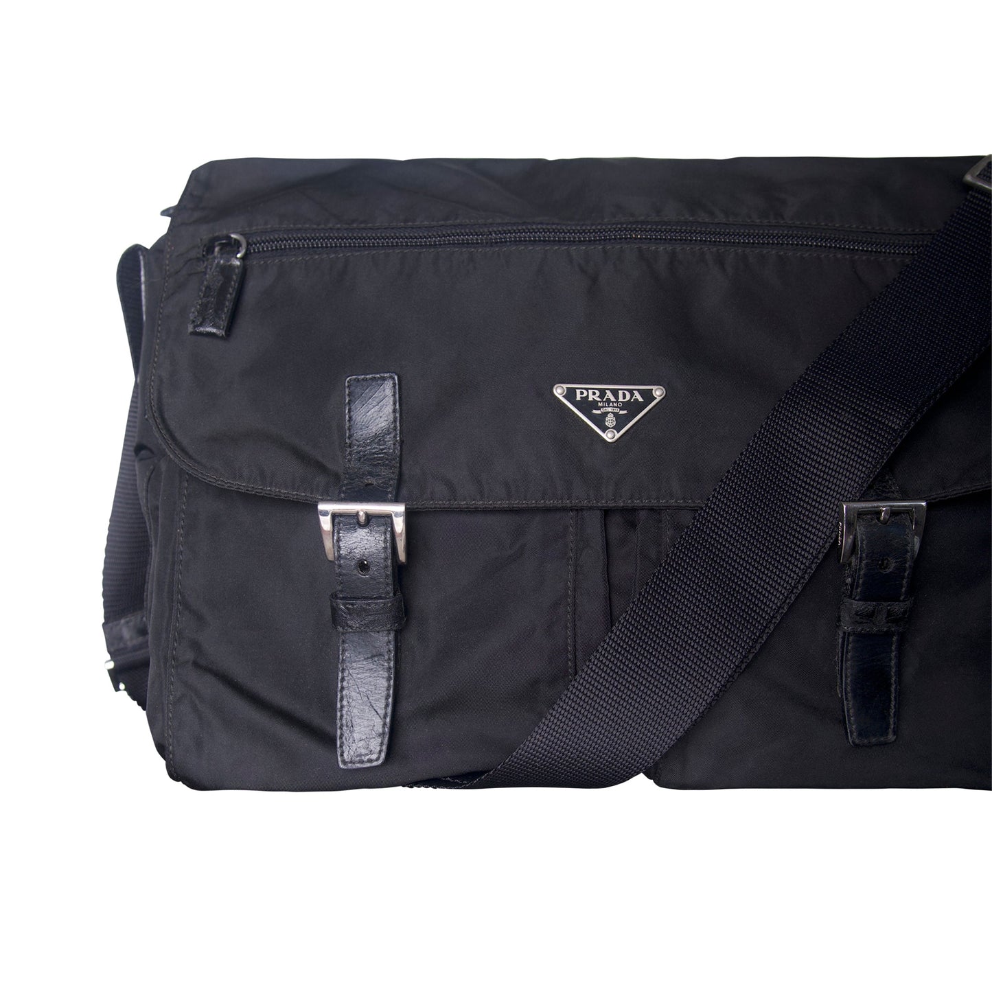 Prada Tessuto Nylon Black Buckled Crossbody Messenger Bag | O/S, Black