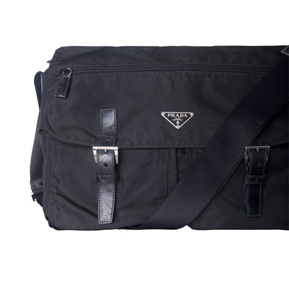 Prada Tessuto Nylon Black Buckled Crossbody Messenger Bag | O/S, Black