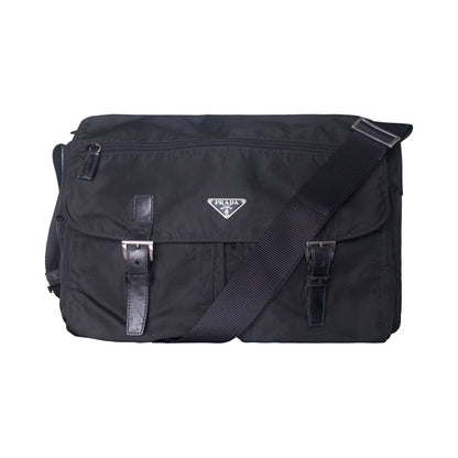 Prada Tessuto Nylon Black Buckled Crossbody Messenger Bag | O/S, Black