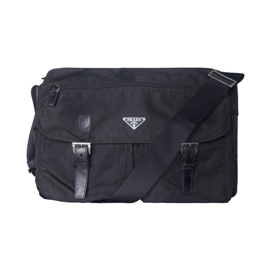 Prada Tessuto Nylon Black Buckled Crossbody Messenger Bag | O/S, Black