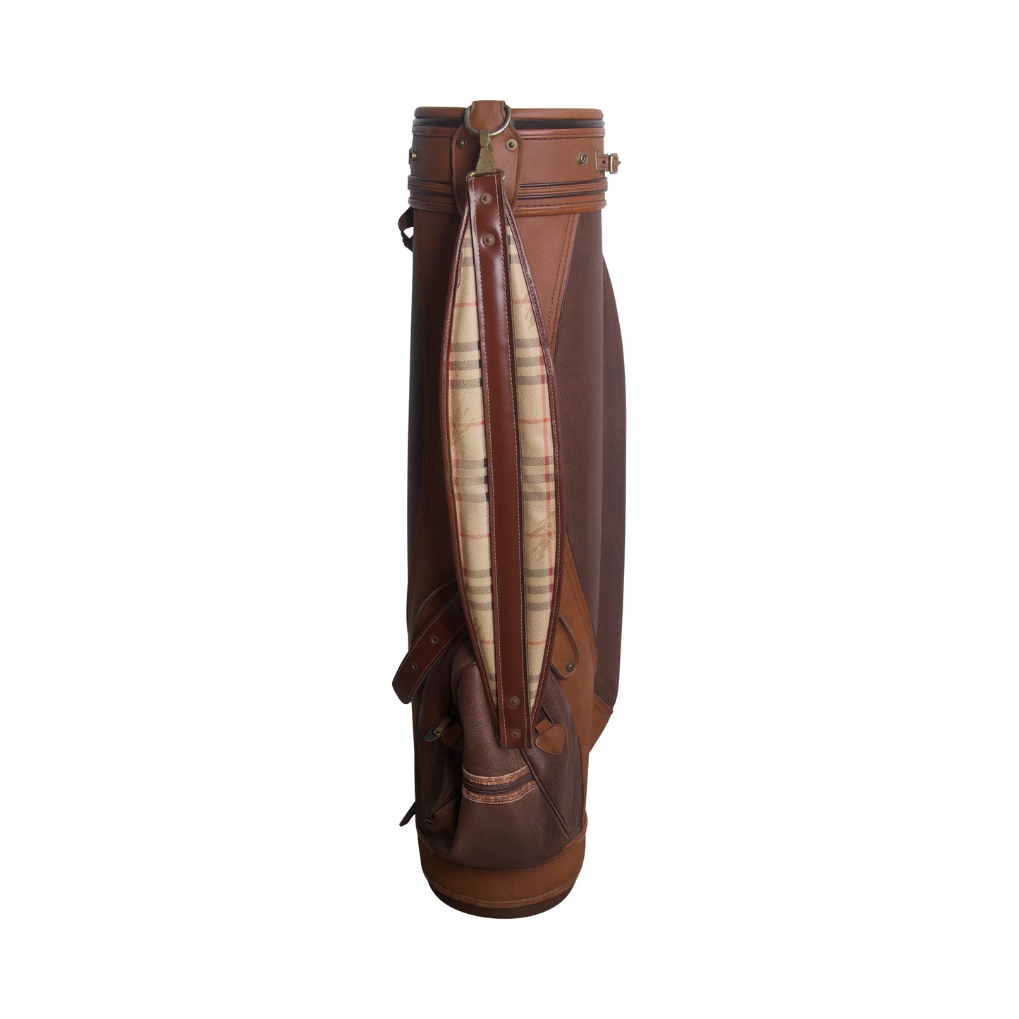 1990's Burberry Haymarket Check Patina Brown Leather Golf Bag | O/S, Brown