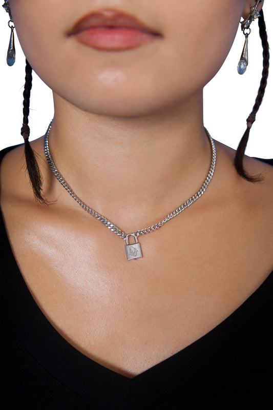 Christian Dior Padlock Charm Silver Chain Necklance | O/S, Multicoloured