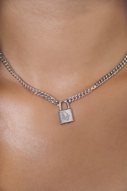 Christian Dior Padlock Charm Silver Chain Necklance | O/S, Multicoloured