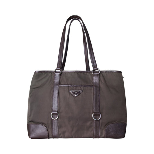 Prada Brown Nylon Leather Handle Tessuto Tote Bag
