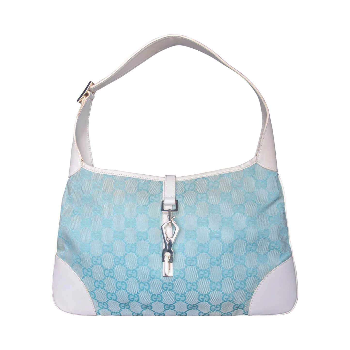 2000s Gucci Pale Blue GG Monogram White Leather Strap Jackie Bag | O/S, Multicoloured