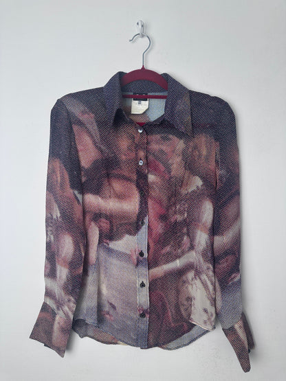 Birth of venus print shirt on a red hanger